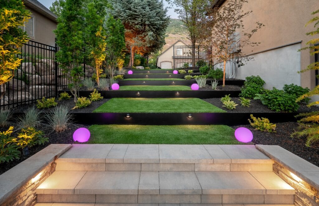 A tiered lawn with purple lights illuminating the walkway and a variety of trees and shrubs line the walkway