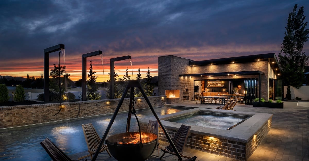 A nighttime view of the backyard with a luxury pool, spa, and patio area. There's a hanging firepit with four chairs.